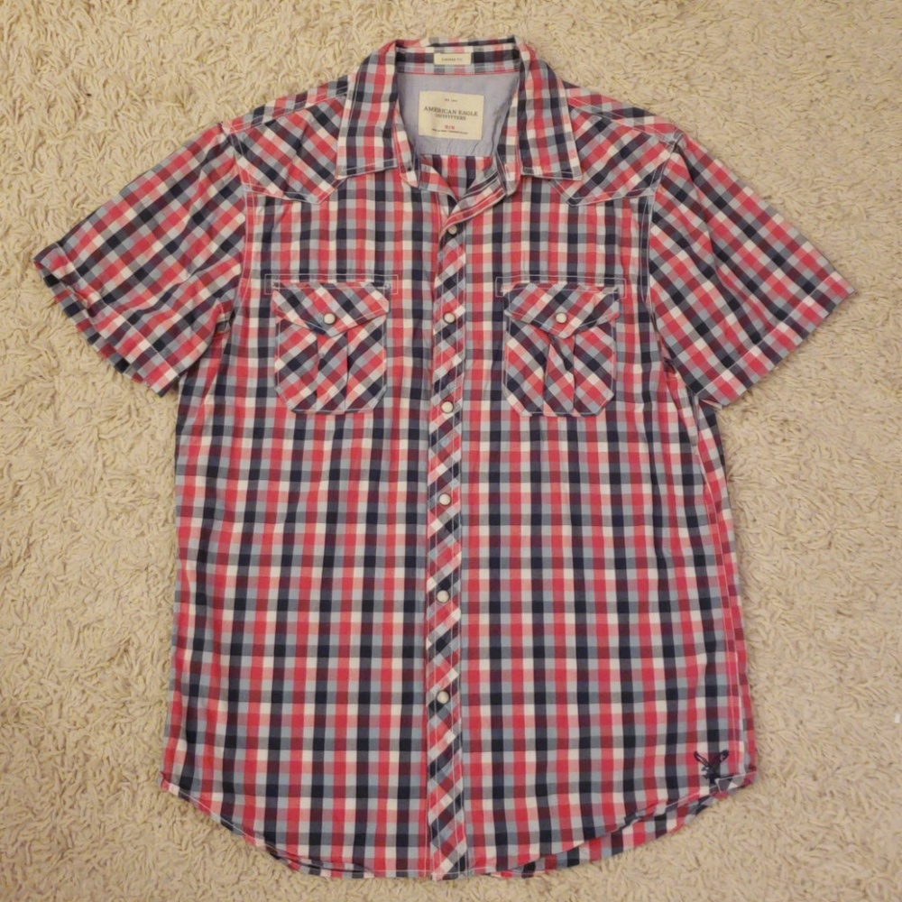 AE Men's Short Sleeve Blue/Red/White Button Down